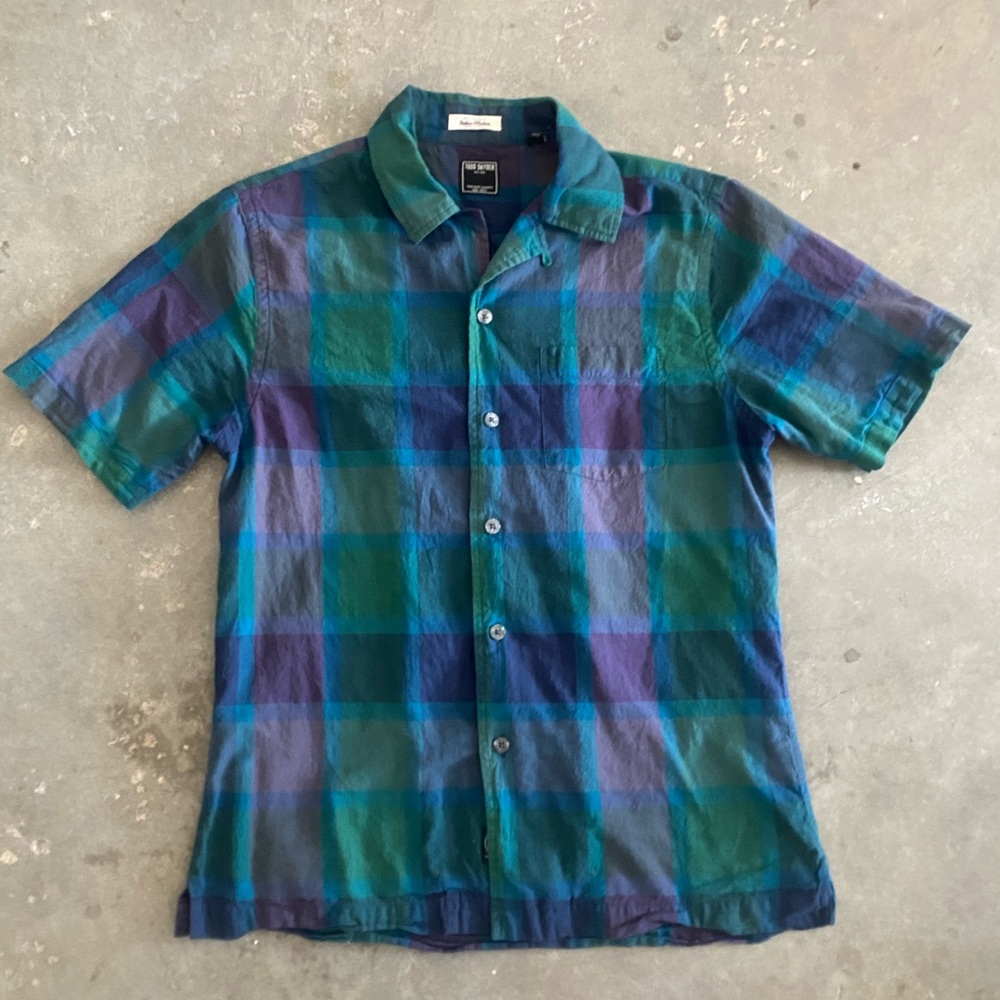 Todd Snyder Blue Green Plaid Short-Sleeve Button-Down Shirt
